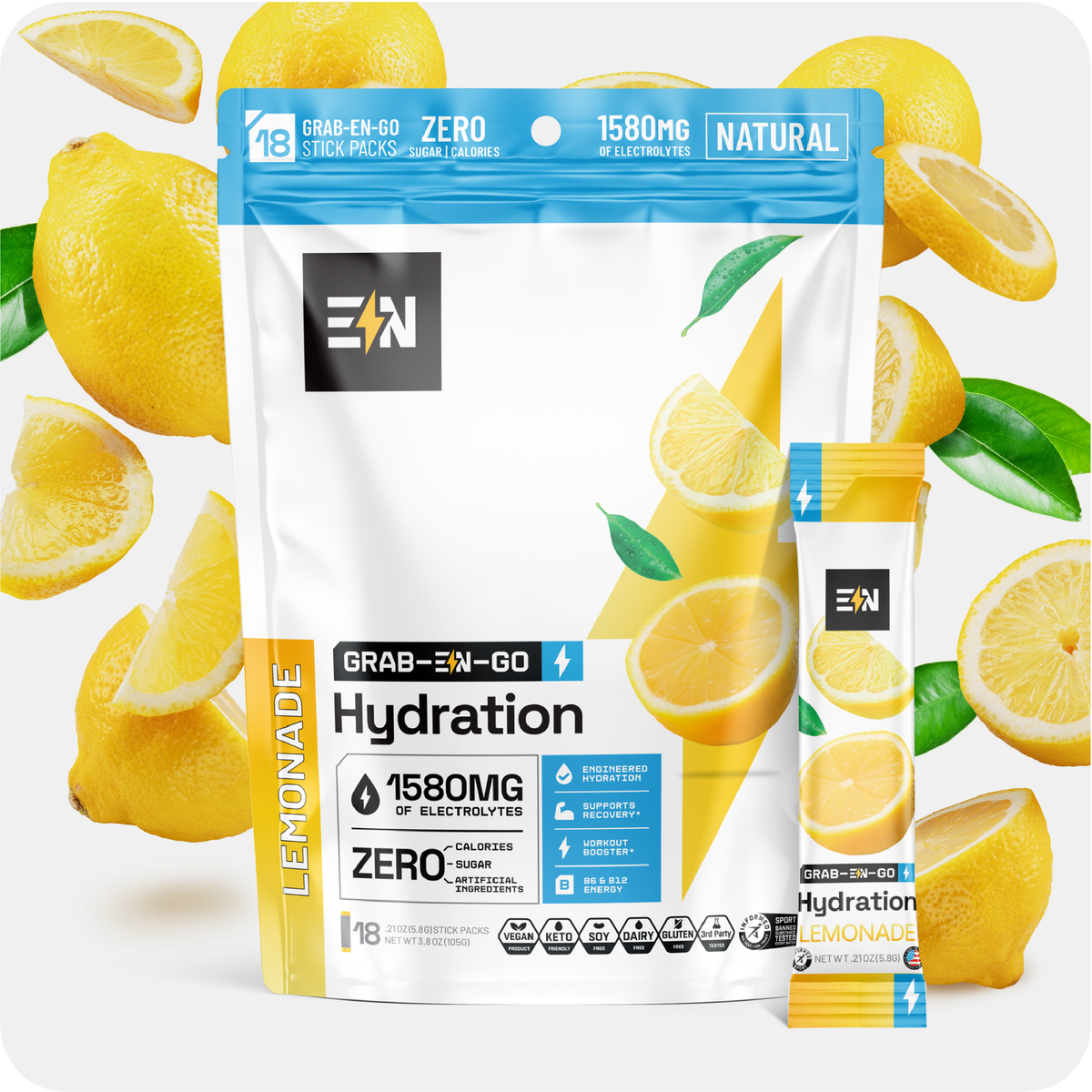 EN Hydration Drink Mix โ Premium zero-sugar electrolyte powder stick packs, 5 flavors #Flavor_Lemonade