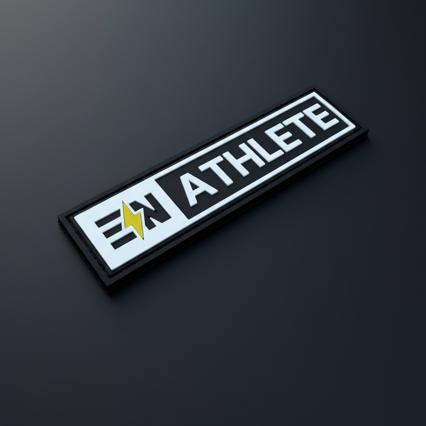 Rectangular patch with 'EN ATHLETE' text and logo on a black background