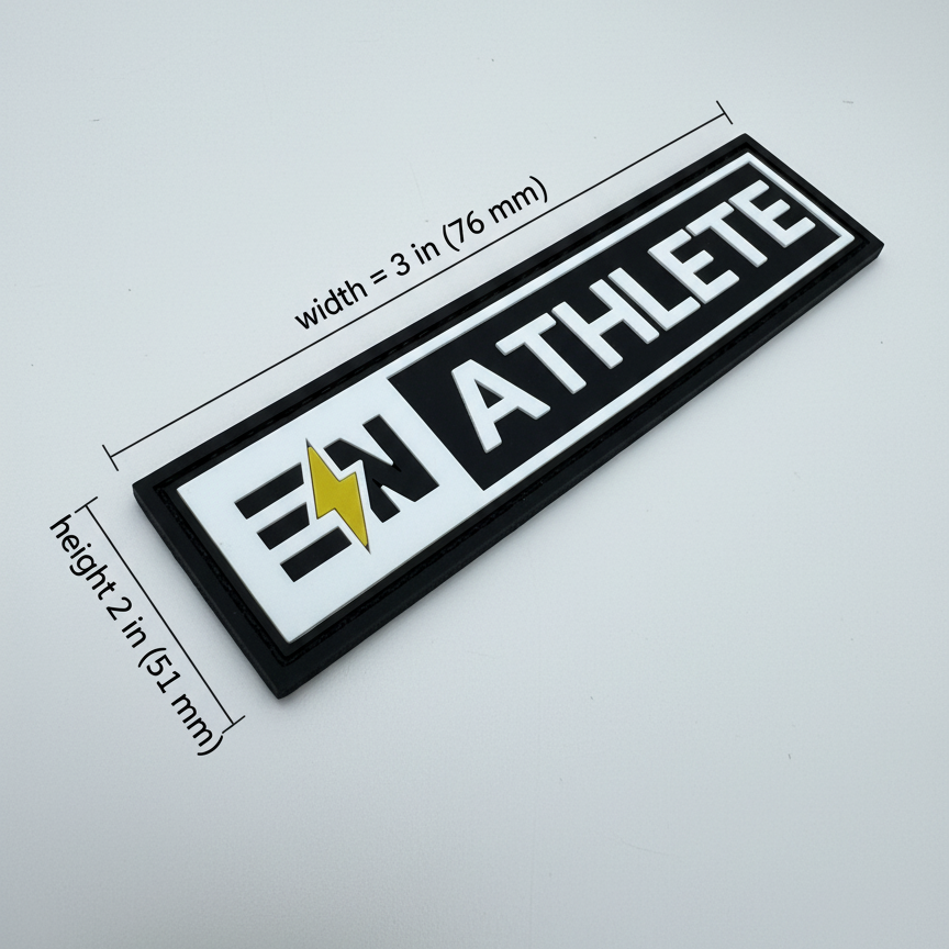Rectangular patch with 'EN ATHLETE' text and logo on a white background