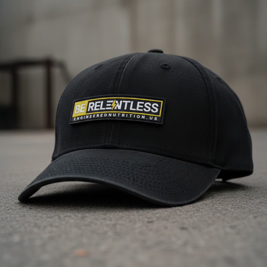 Black cap with a Be Relentless PVC patch on a concrete surface