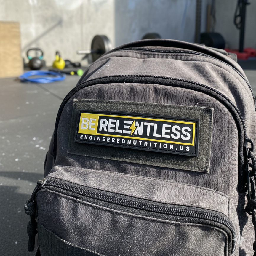 Gray backpack with a 'Be Relentless' PVC patch on a concrete floor.