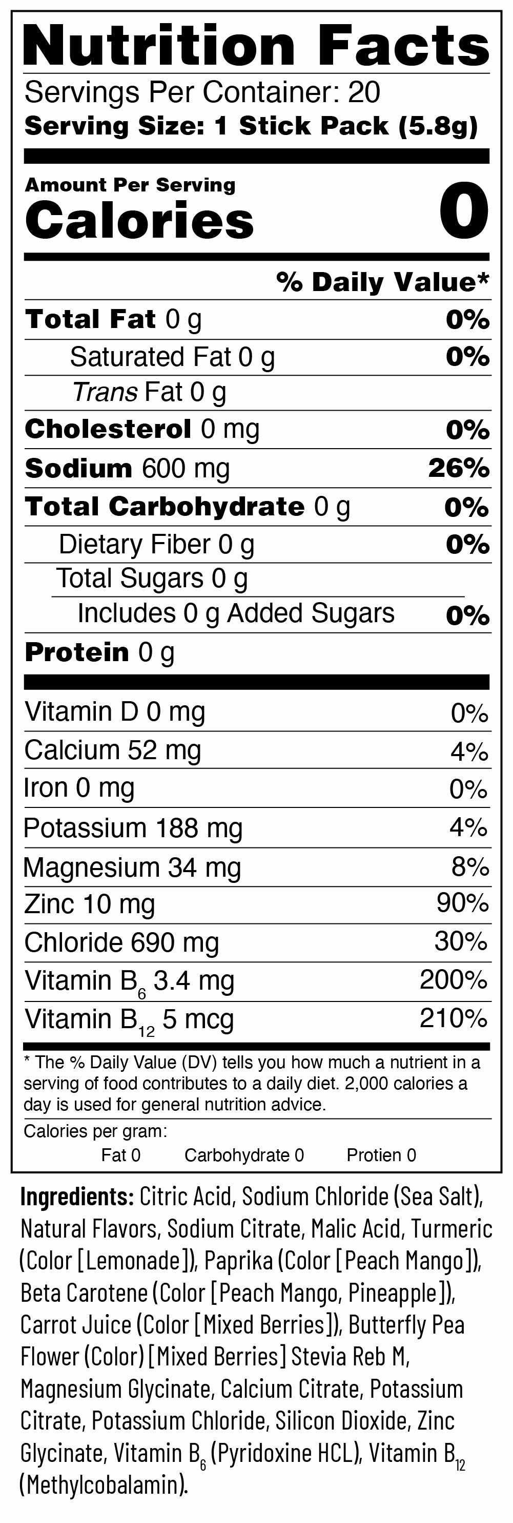Nutrition facts for Variety Pack / 20 Sticks | Travel Bag