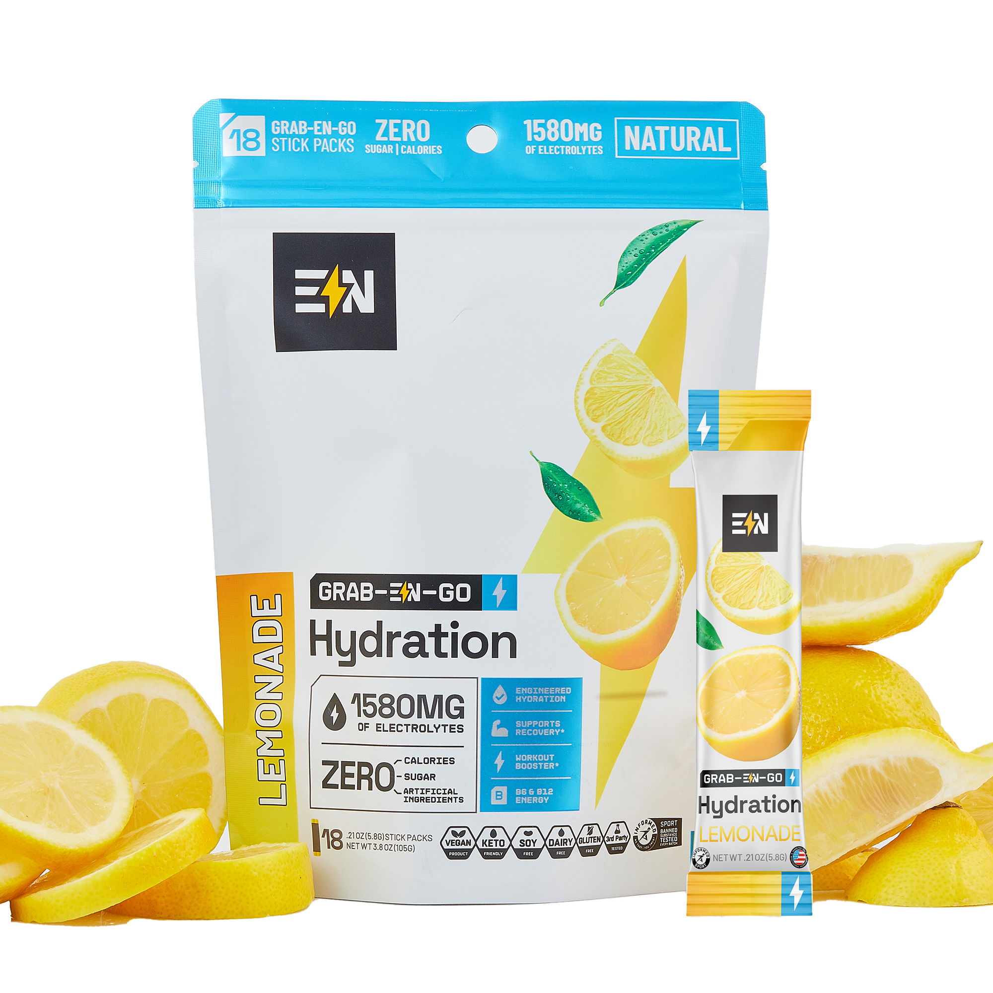 EN Hydration Lemonade stick packs with lemon slices on a white background