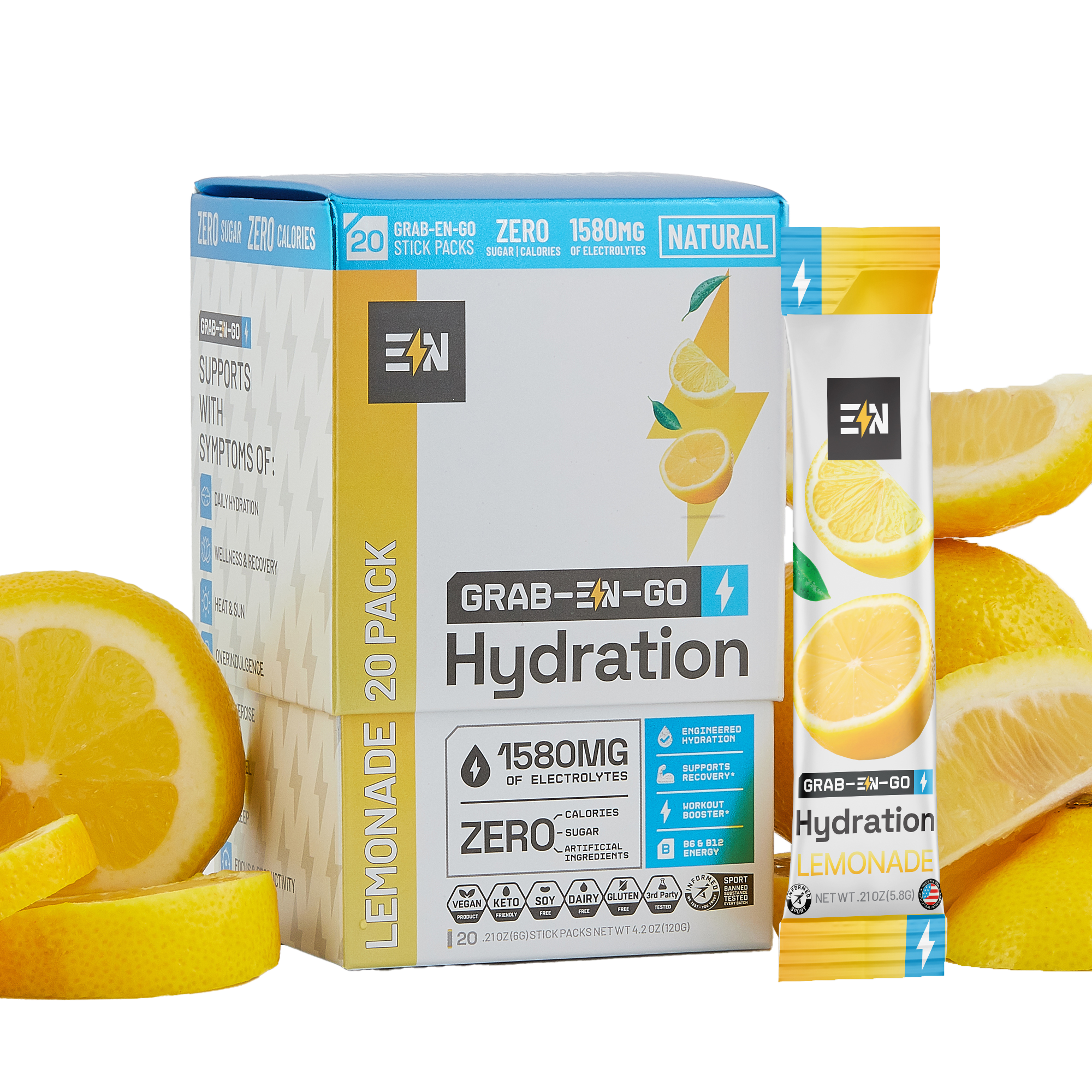 EN Hydration Drink Mix Lemonade 20-Stick Box – Zero-sugar electrolyte drink mix #Flavor_Lemonade