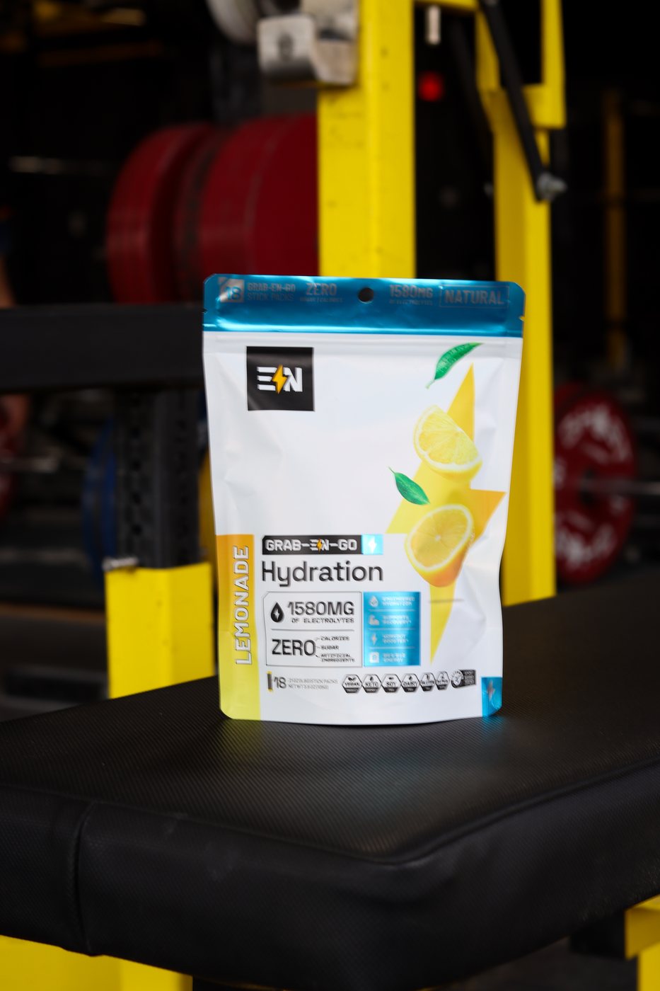 Engineered Nutrition Hydration bag on a gym bench