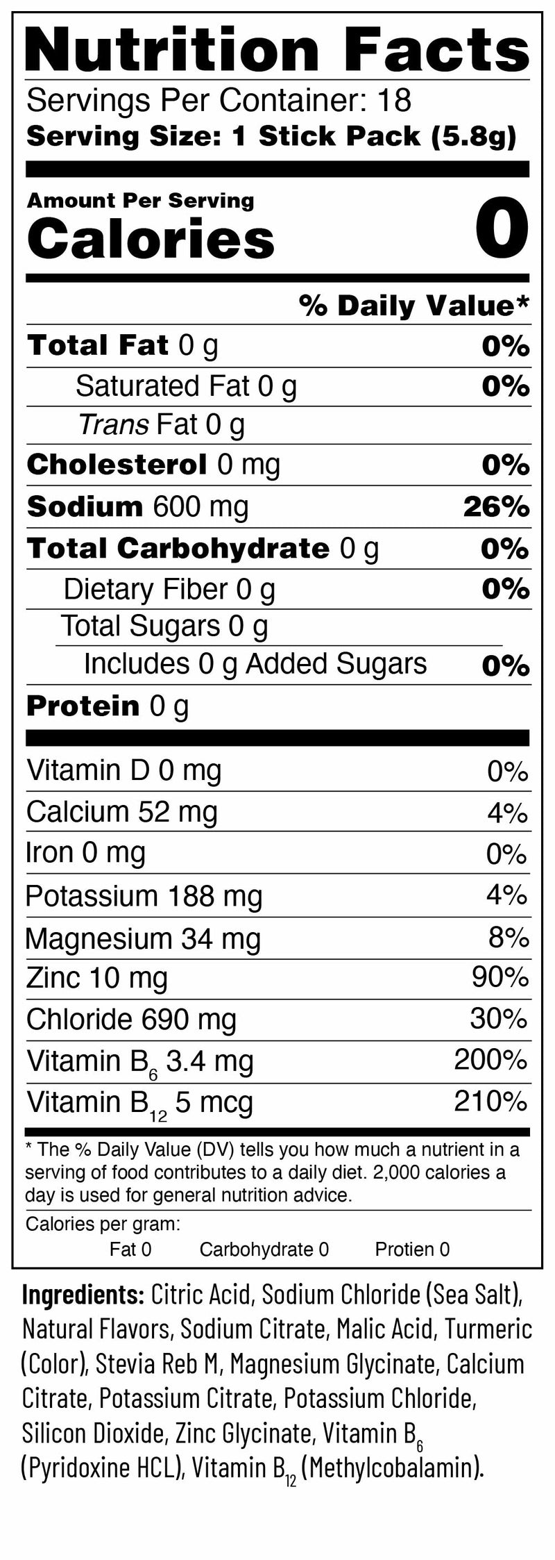 Nutrition Facts for Lemonade / 18 Sticks | Travel Bag