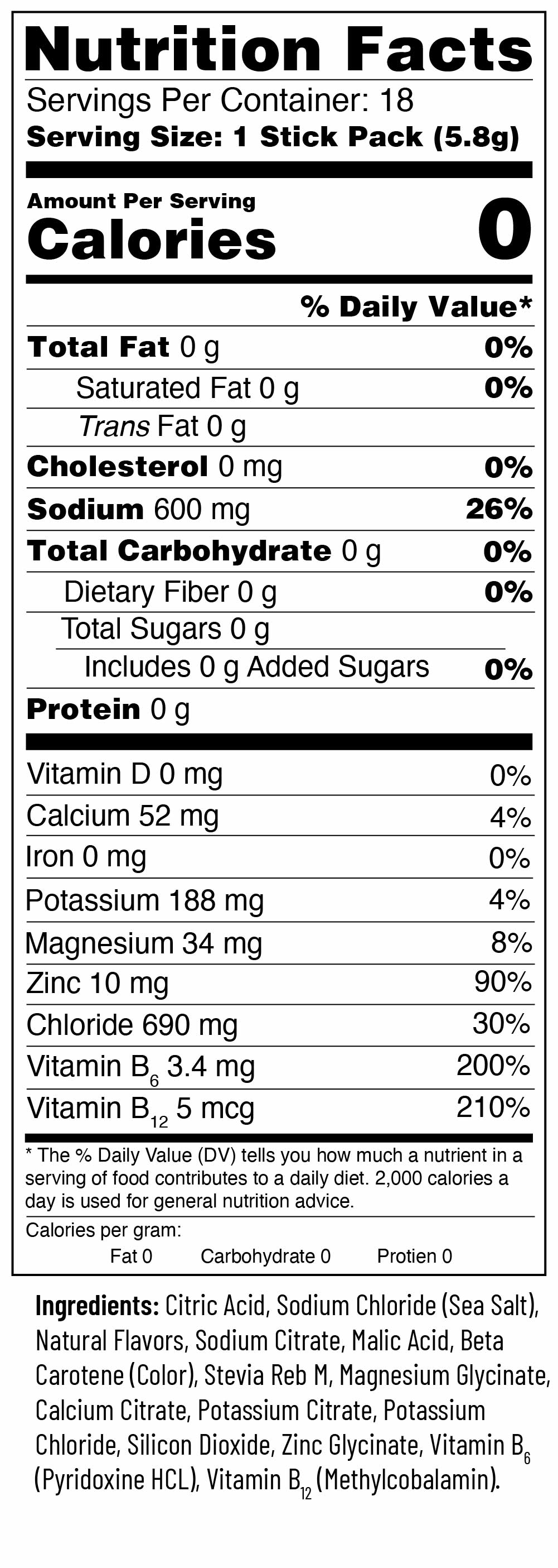 Nutrition facts for Pineapple / 18 Sticks | Travel Bag