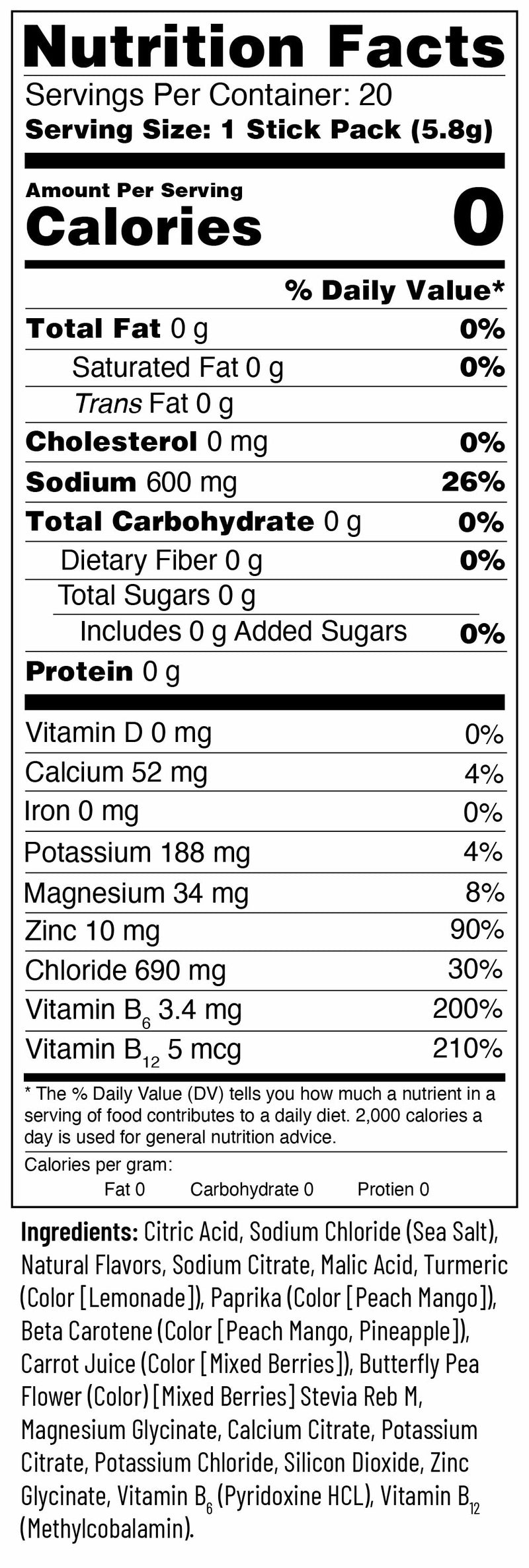 Nutrition Facts for Variety Pack / 20 Sticks | Travel Bag