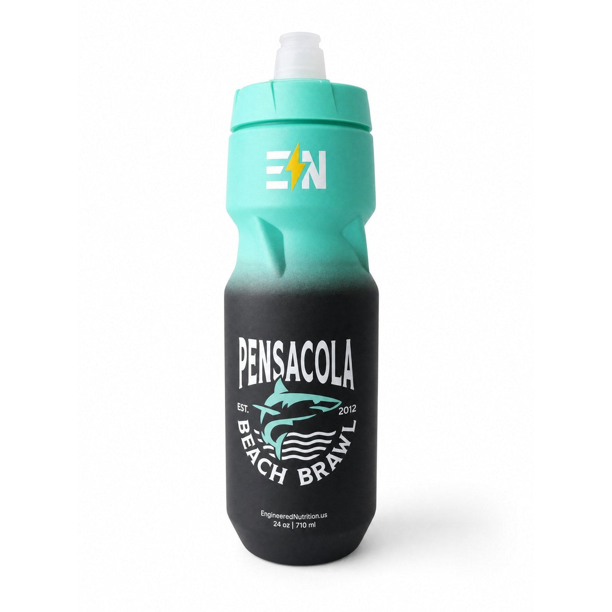 Pensacola Beach Brawl 2026 24 oz squeeze bottle, front, shark badge