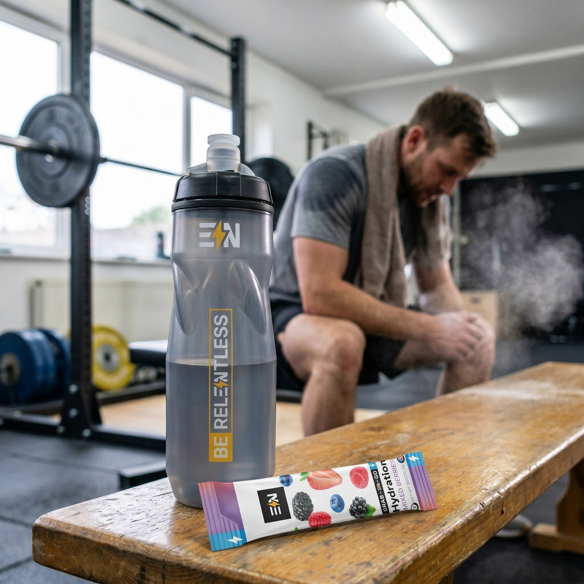 Engineered Nutrition squeeze bottle and Mixed Berries hydration stick on a gym bench while an athlete catches his breath