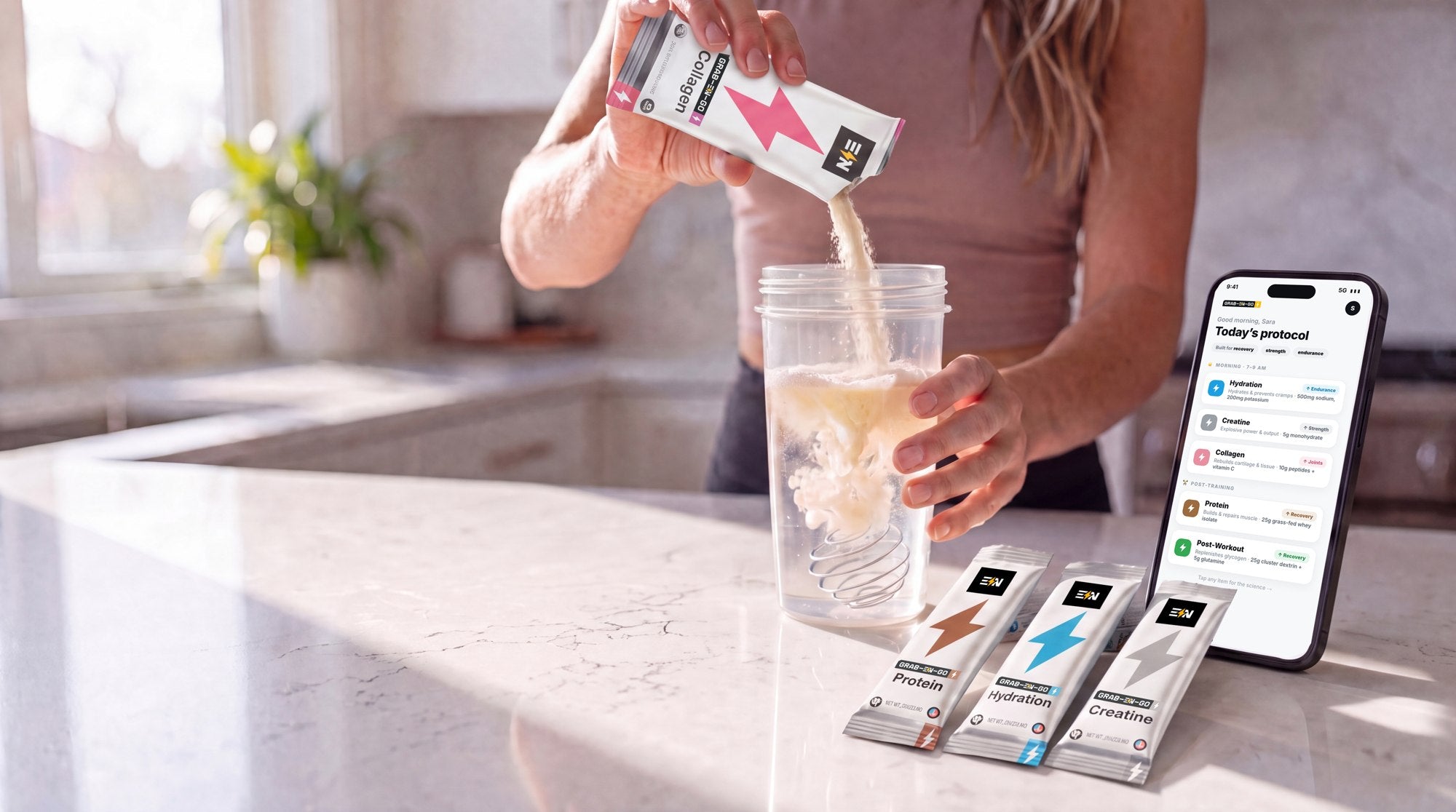 Mixing an Engineered Nutrition Grab-EN-Go stick pack alongside the guided-protocol app